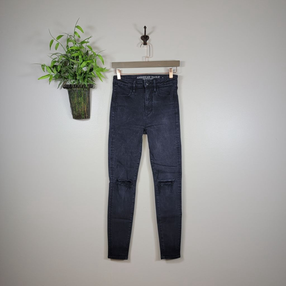 American Eagle Jeans Super Hi Rise Jegging Black Wash Skinny Distressed AE 2